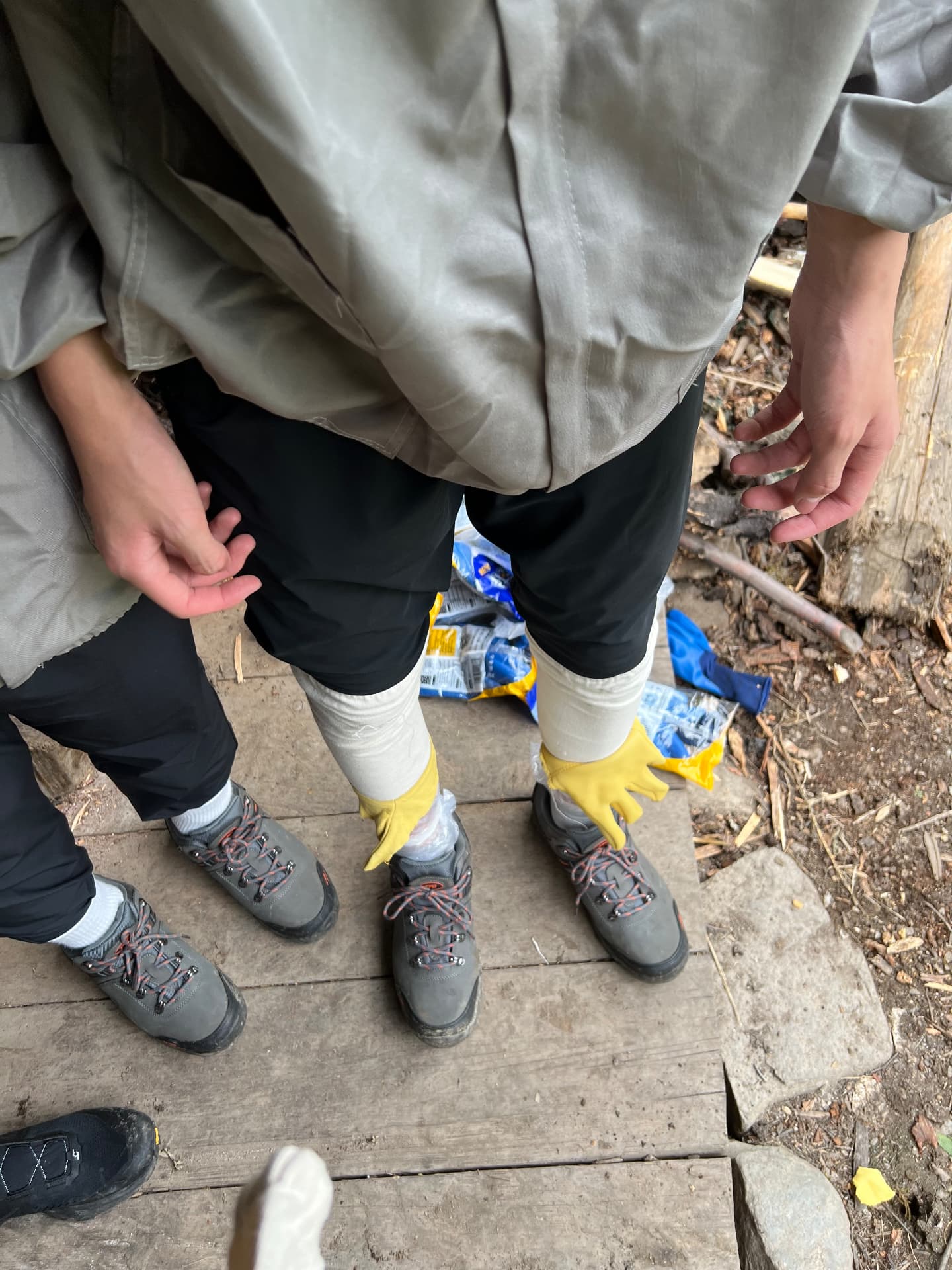 Gloves worn as leg protection against bees